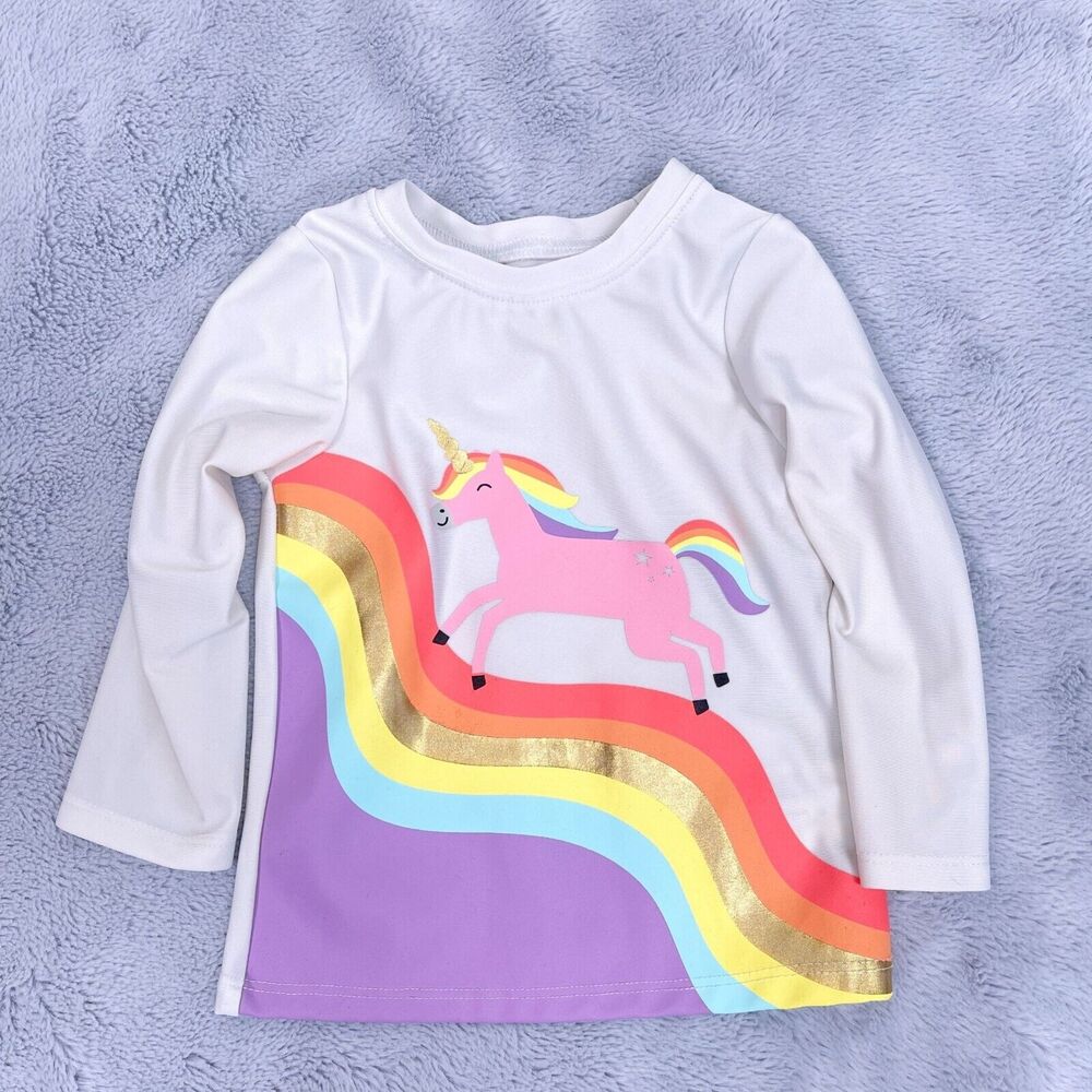 Cat & Jack Unicorn Rashguard Swim Top White Purple Long Sleeve Toddler Girl 18M